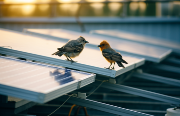 two birds standing on some solar panels