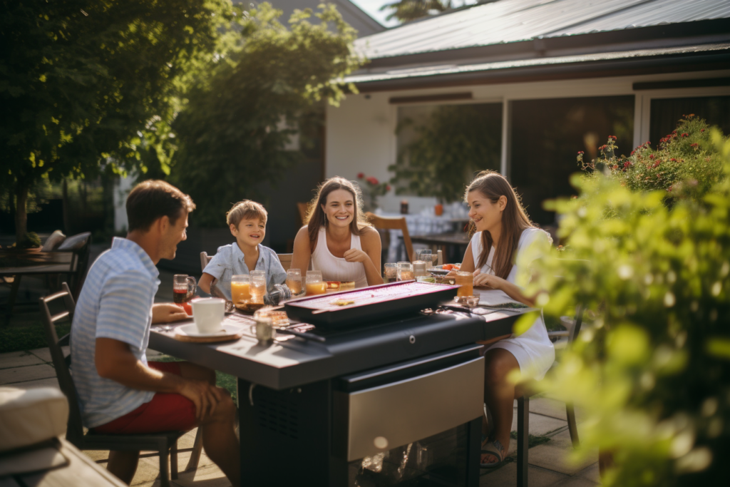 family enjoying bbq in backyard of home in San Diego