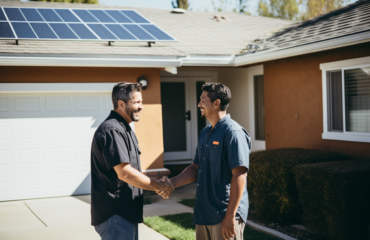 two guys discuss solar panel cleaning in front of their home