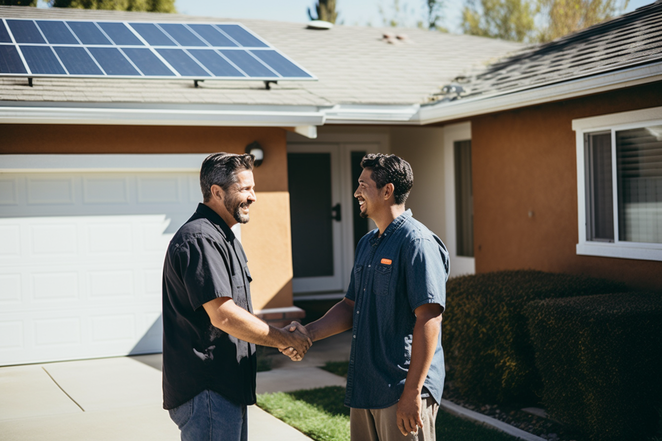 two guys discuss solar panel cleaning in front of their home